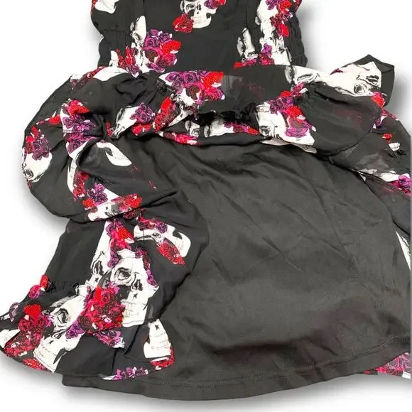 WhimsyGoth Dress Royal Bones by Daang Skull Print Sz Medium Black Chiffon - Picture 15 of 16